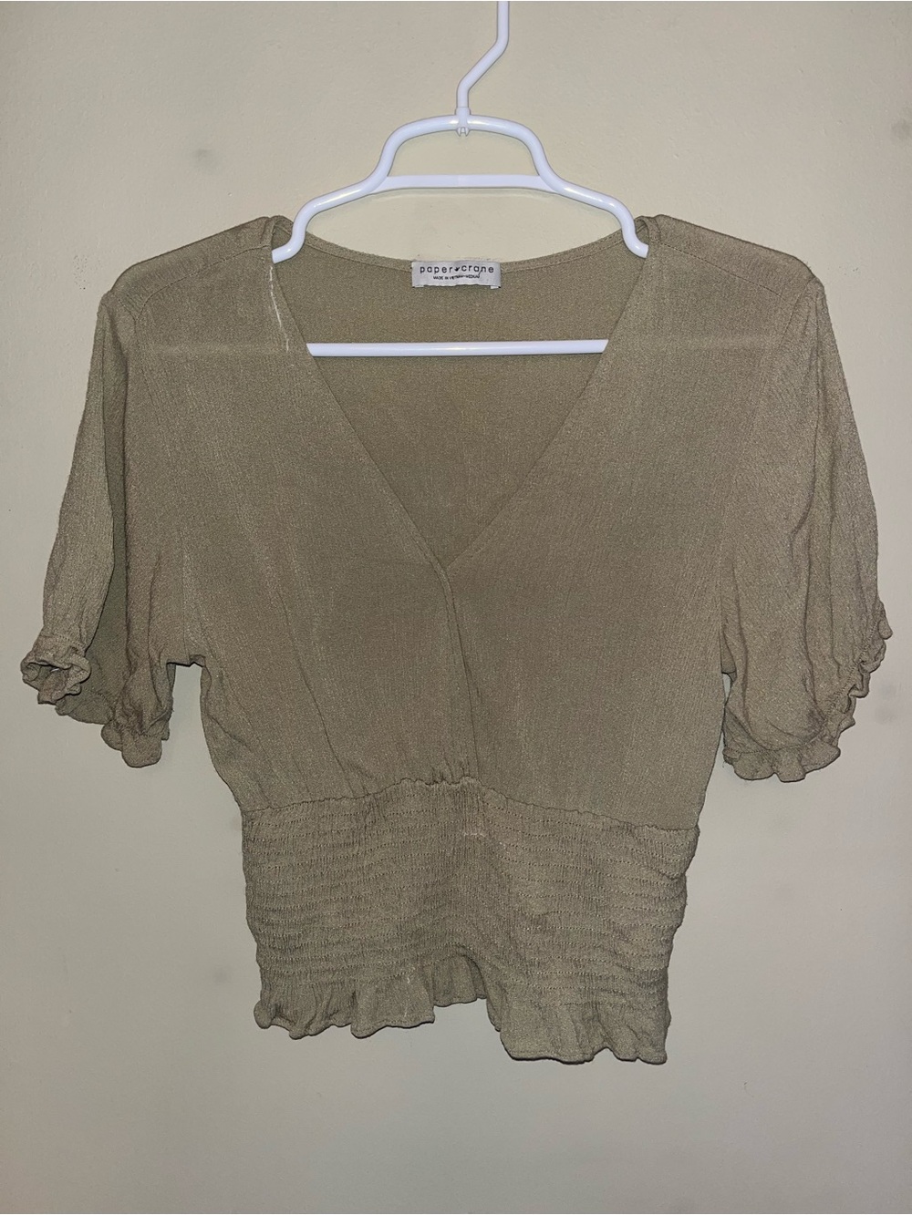 Paper Crane V-Neck Smocked-Hem Short Sleeve Blouse